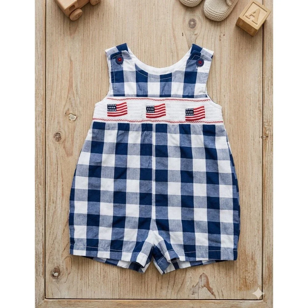 Good Lad Patriotic Flag Smocked Gingham Romper 12 Month - Picture 1 of 9